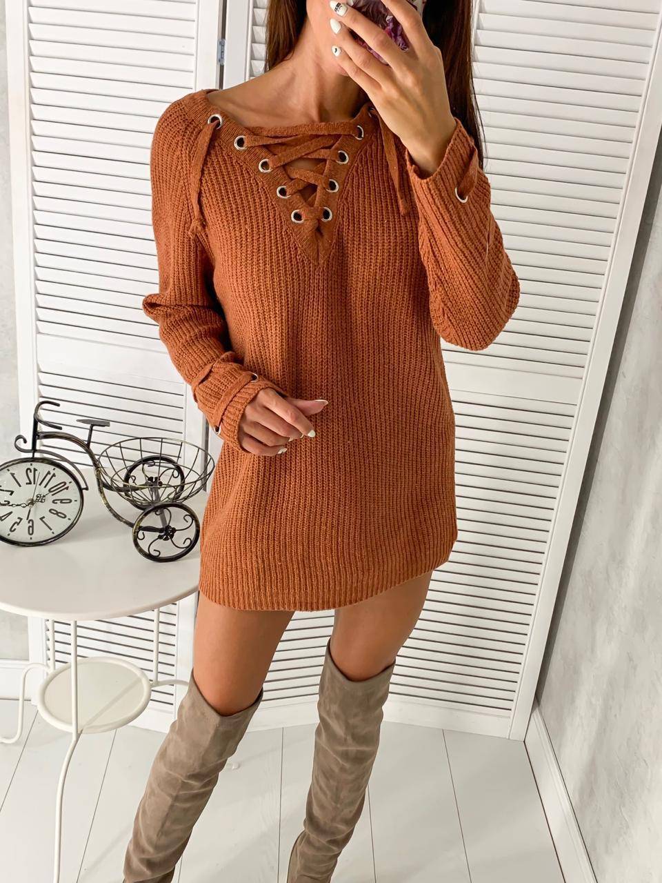 Women's Chunky Knit Sweater with Lace-Up Detail