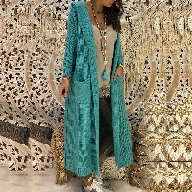 Women's Long-Sleeve Knit Coat with Hood and Pockets