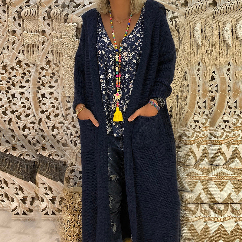 Women's Long-Sleeve Knit Coat with Hood and Pockets