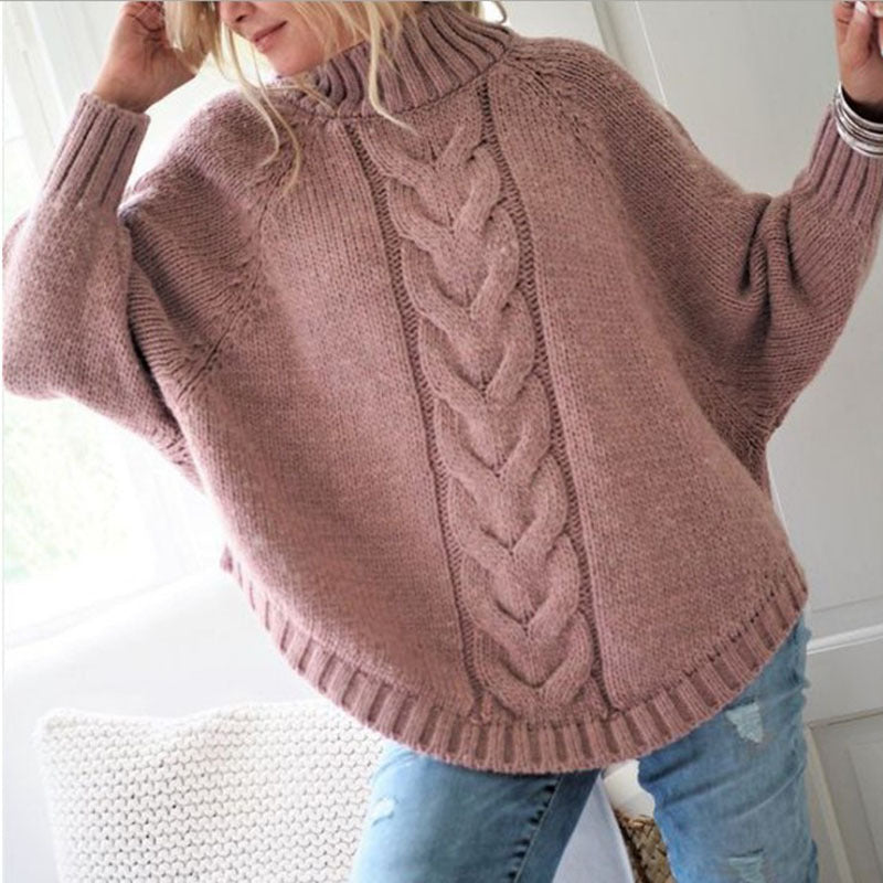 Women's Chunky Knit Sweater with High Collar and Cable Pattern