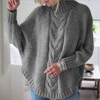 Women's Chunky Knit Sweater with High Collar and Cable Pattern
