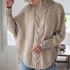 Women's Chunky Knit Sweater with High Collar and Cable Pattern