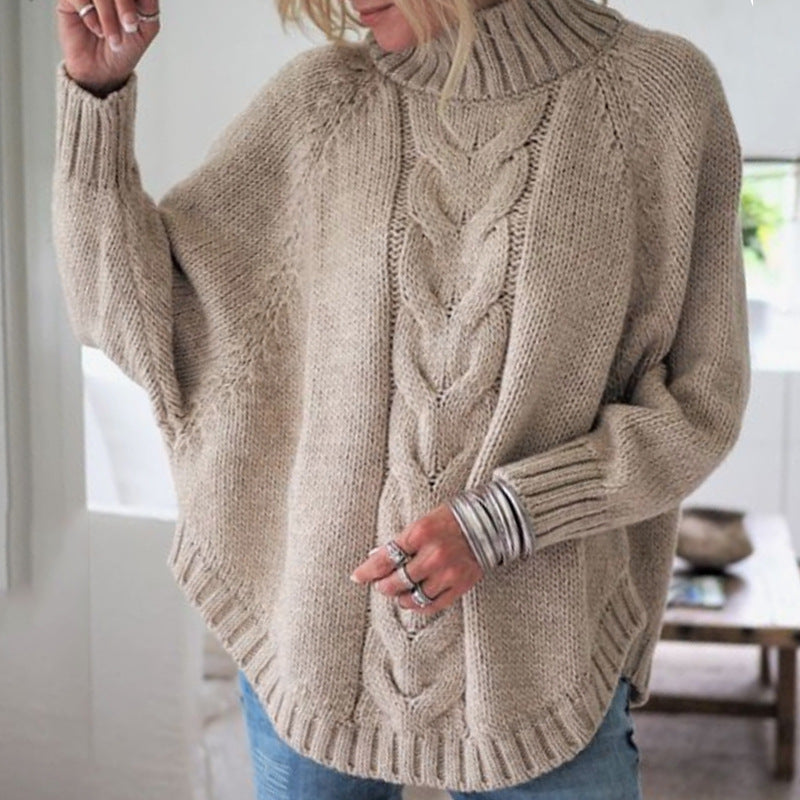 Women's Chunky Knit Sweater with High Collar and Cable Pattern