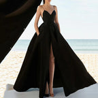 Women's A-Line Evening Dress with Deep Neckline and Thin Straps