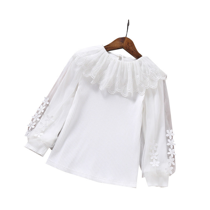 Elegant Women's Blouse with Romantic Tulle Collar and Floral Details