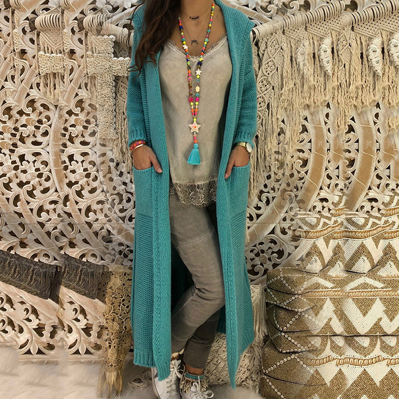Women's Long-Sleeve Knit Coat with Hood and Pockets