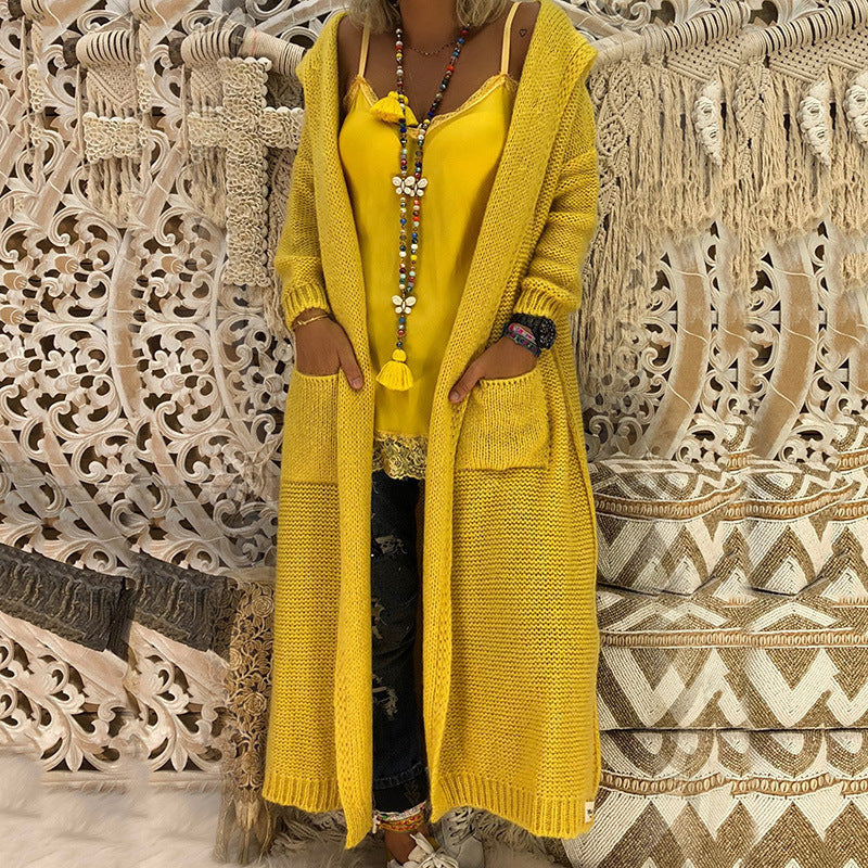 Women's Long-Sleeve Knit Coat with Hood and Pockets