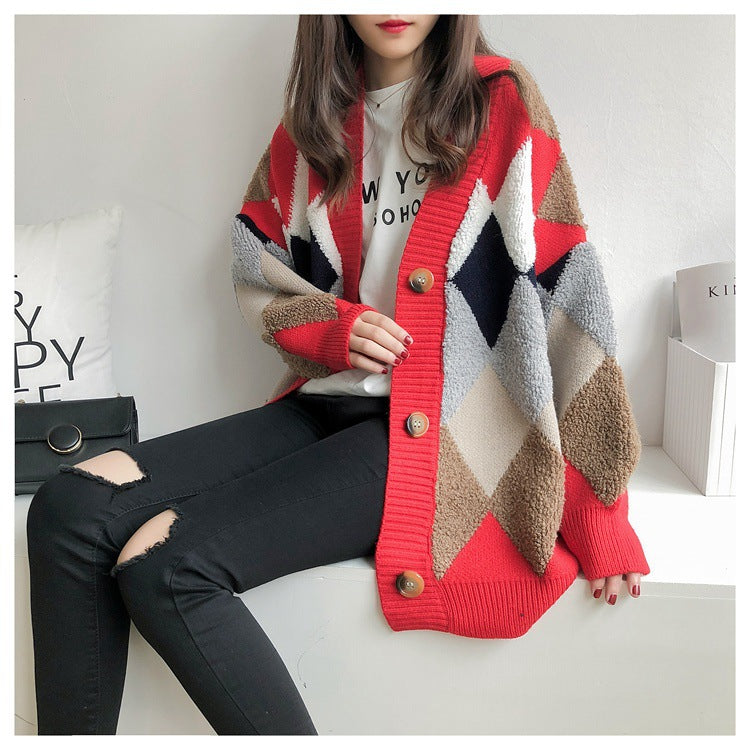 Women's Chunky Knit Cardigan with Geometric Pattern and Pockets