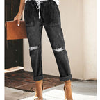 Women's Relaxed Jeans with Adjustable Waist and Fashionable Rips