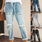 Women's Relaxed Jeans with Adjustable Waist and Fashionable Rips