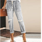 Women's Relaxed Jeans with Adjustable Waist and Fashionable Rips