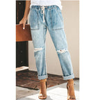 Women's Relaxed Jeans with Adjustable Waist and Fashionable Rips