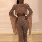 Glitter Two-Piece Set with Wide Leg and Long Sleeves