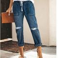 Women's Relaxed Jeans with Adjustable Waist and Fashionable Rips