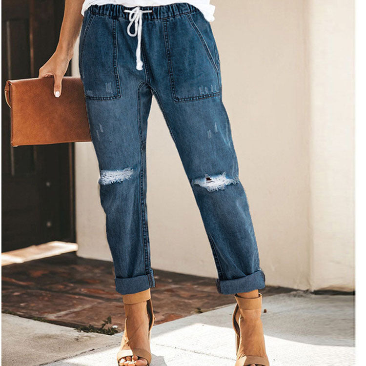 Women's Relaxed Jeans with Adjustable Waist and Fashionable Rips