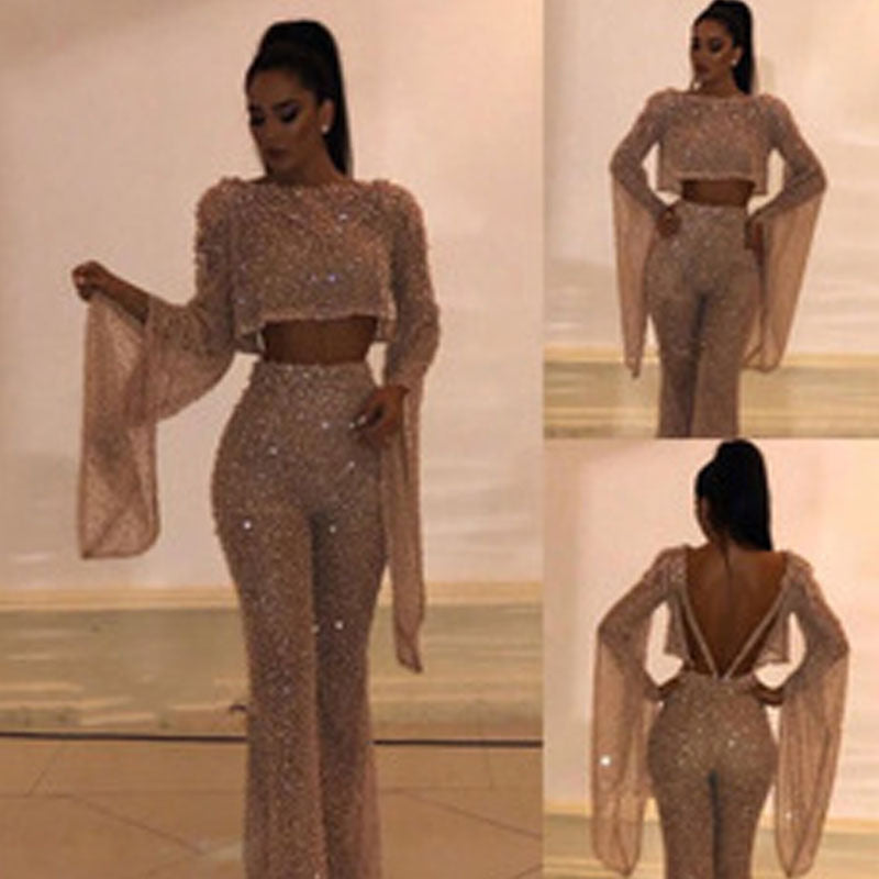 Glitter Two-Piece Set with Wide Leg and Long Sleeves
