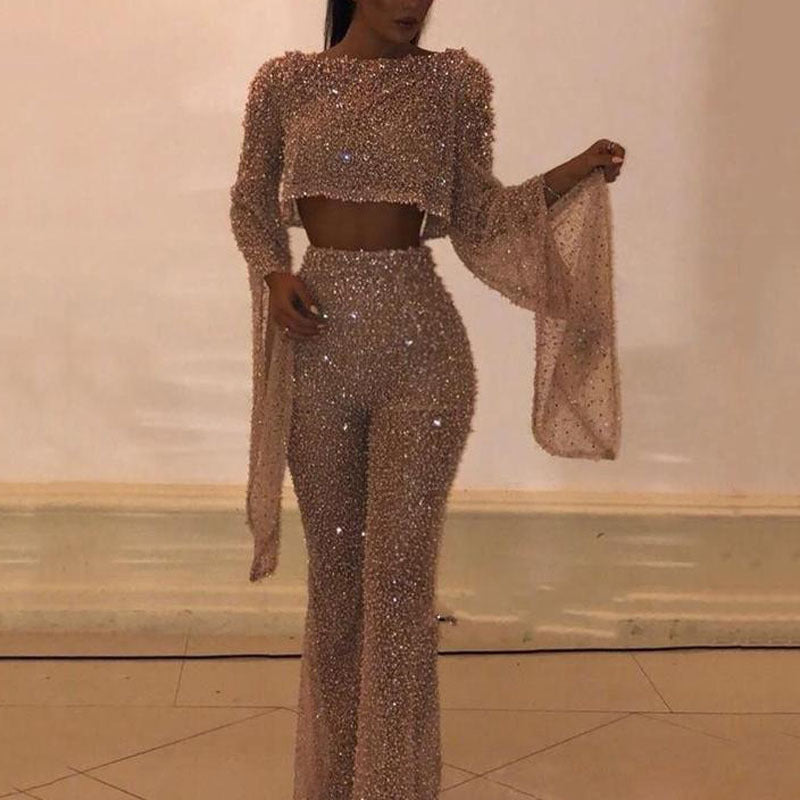 Glitter Two-Piece Set with Wide Leg and Long Sleeves
