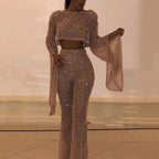 Glitter Two-Piece Set with Wide Leg and Long Sleeves