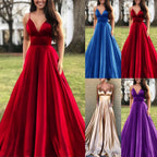 Women's A-Line Evening Dress with Deep Neckline and Thin Straps