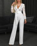 Women's Elegant Lace-Top Jumpsuit with Belted Waist