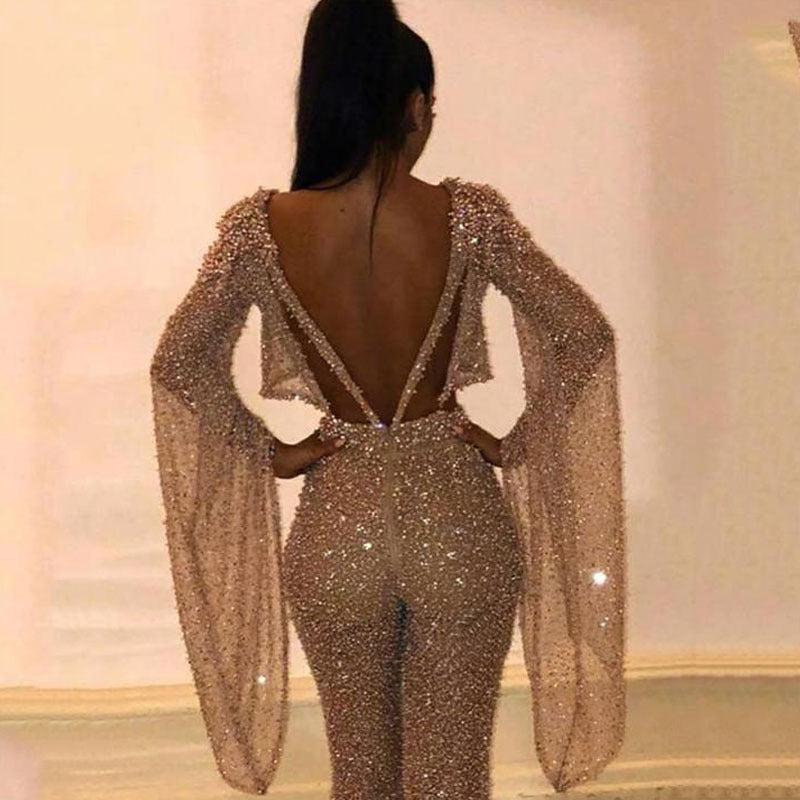 Glitter Two-Piece Set with Wide Leg and Long Sleeves