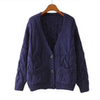 Women's Chunky Knit Cardigan with Decorative Pockets and Button Embellishment