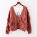 Women's Chunky Knit Cardigan with Decorative Pockets and Button Embellishment