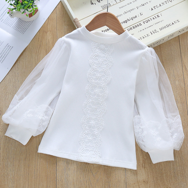 Women's Blouse with Sheer Tulle Sleeves and Fine Embroidery