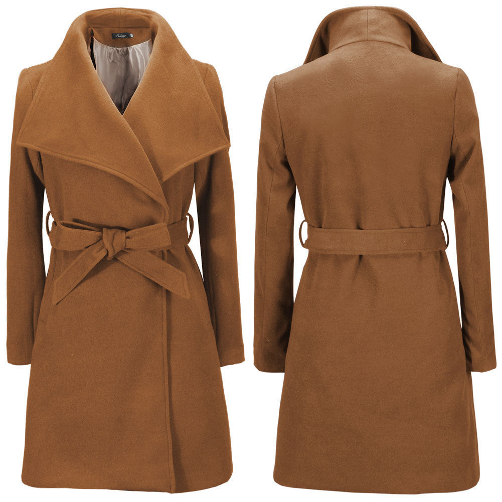 Women's Elegant Wrap Coat with Large Collar and Belt Detail