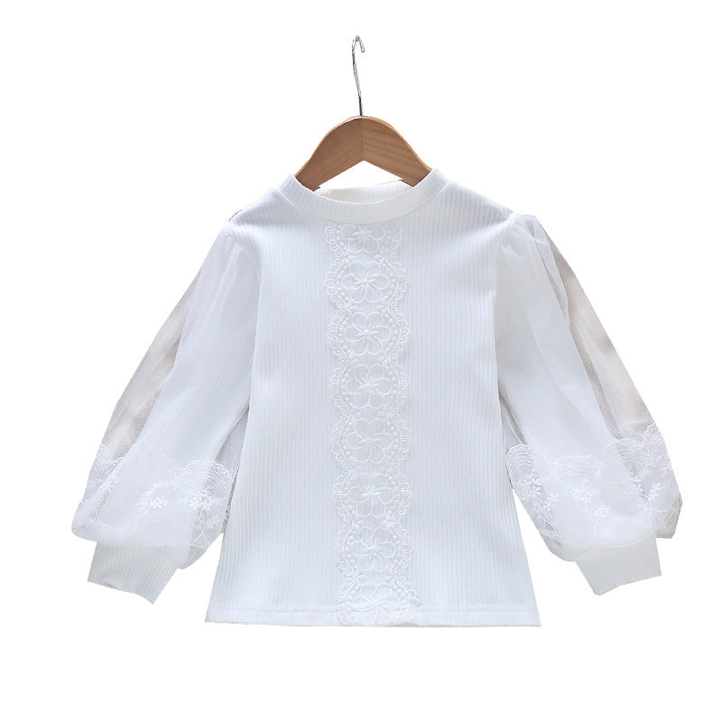 Women's Blouse with Sheer Tulle Sleeves and Fine Embroidery
