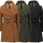 Women's Elegant Wrap Coat with Large Collar and Belt Detail