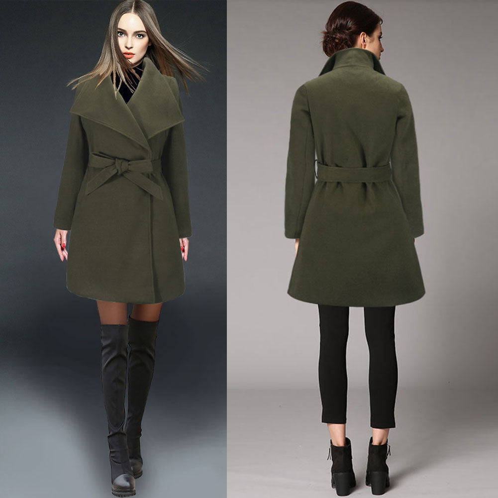 Women's Elegant Wrap Coat with Large Collar and Belt Detail