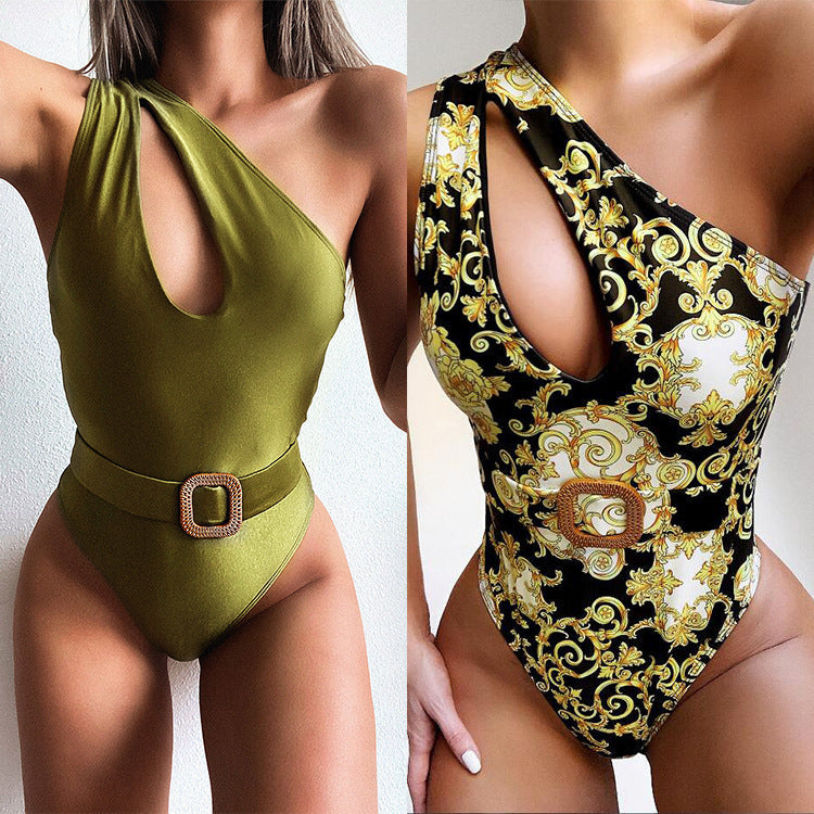 Women's Asymmetrical One-Piece Swimsuit with Belt