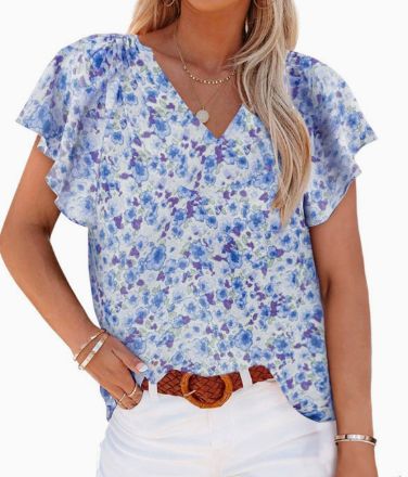 Women's Floral Blouse with Deep V-Neck