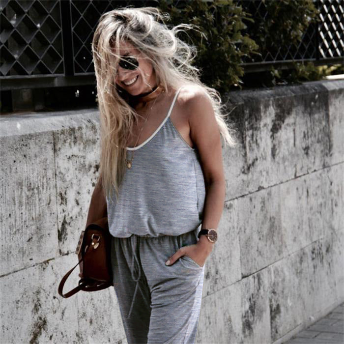 Women's Casual Jumpsuit with Thin Straps and Pockets