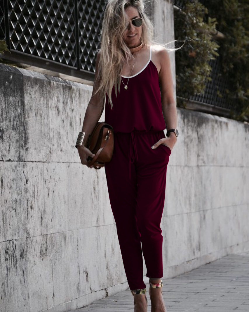 Women's Casual Jumpsuit with Thin Straps and Pockets