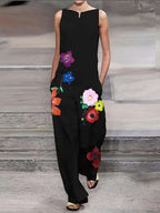Elegant Jumpsuit with Colorful Floral Embroidery