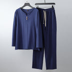 Women's Comfortable Cotton Loungewear Set with Henley Neckline and Drawstring Pants