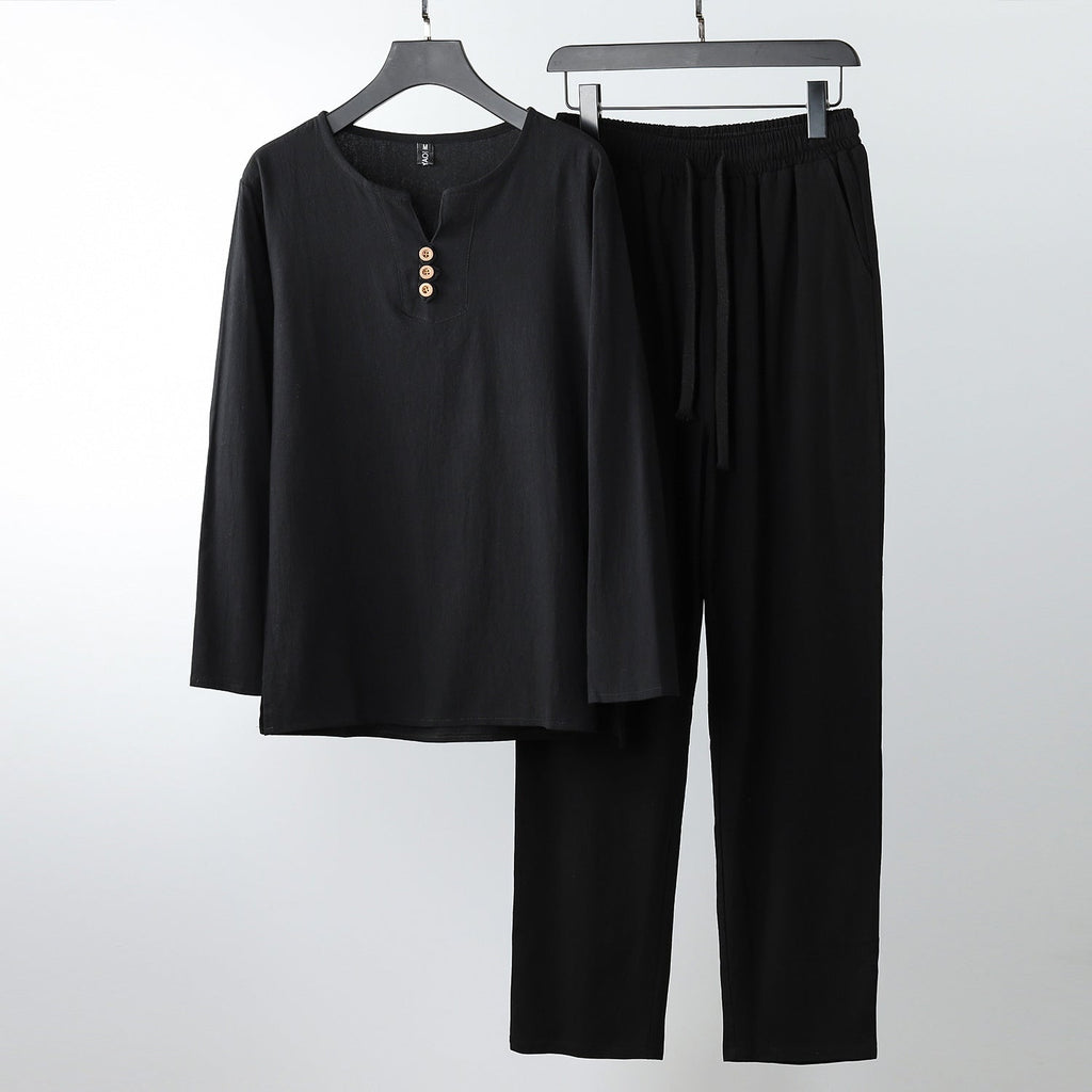 Women's Comfortable Cotton Loungewear Set with Henley Neckline and Drawstring Pants