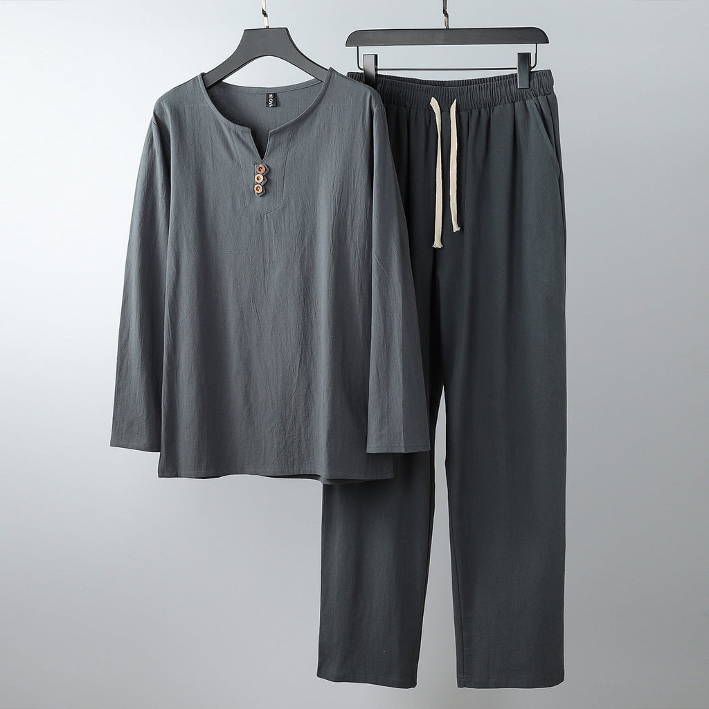 Women's Comfortable Cotton Loungewear Set with Henley Neckline and Drawstring Pants
