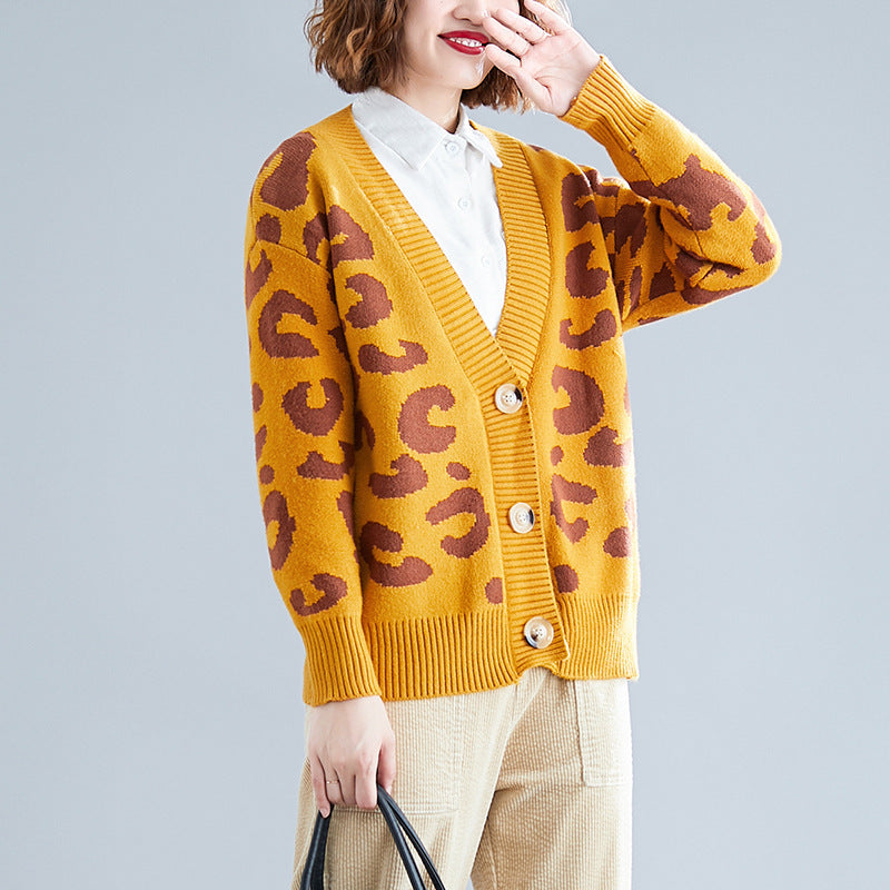 Women's Chunky Knit Cardigan with Leopard Print and Large Buttons