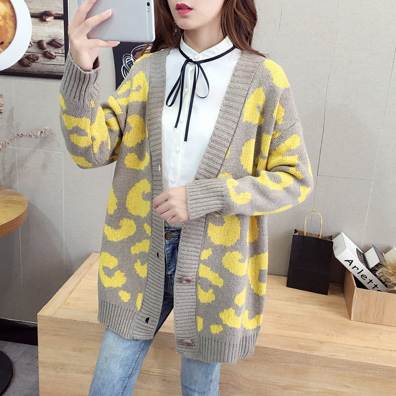 Women's Chunky Knit Cardigan with Leopard Print and Large Buttons