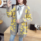 Women's Chunky Knit Cardigan with Leopard Print and Large Buttons