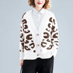 Women's Chunky Knit Cardigan with Leopard Print and Large Buttons