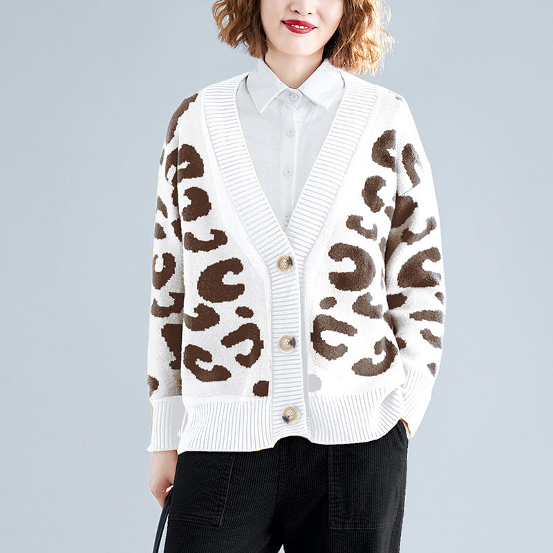 Women's Chunky Knit Cardigan with Leopard Print and Large Buttons