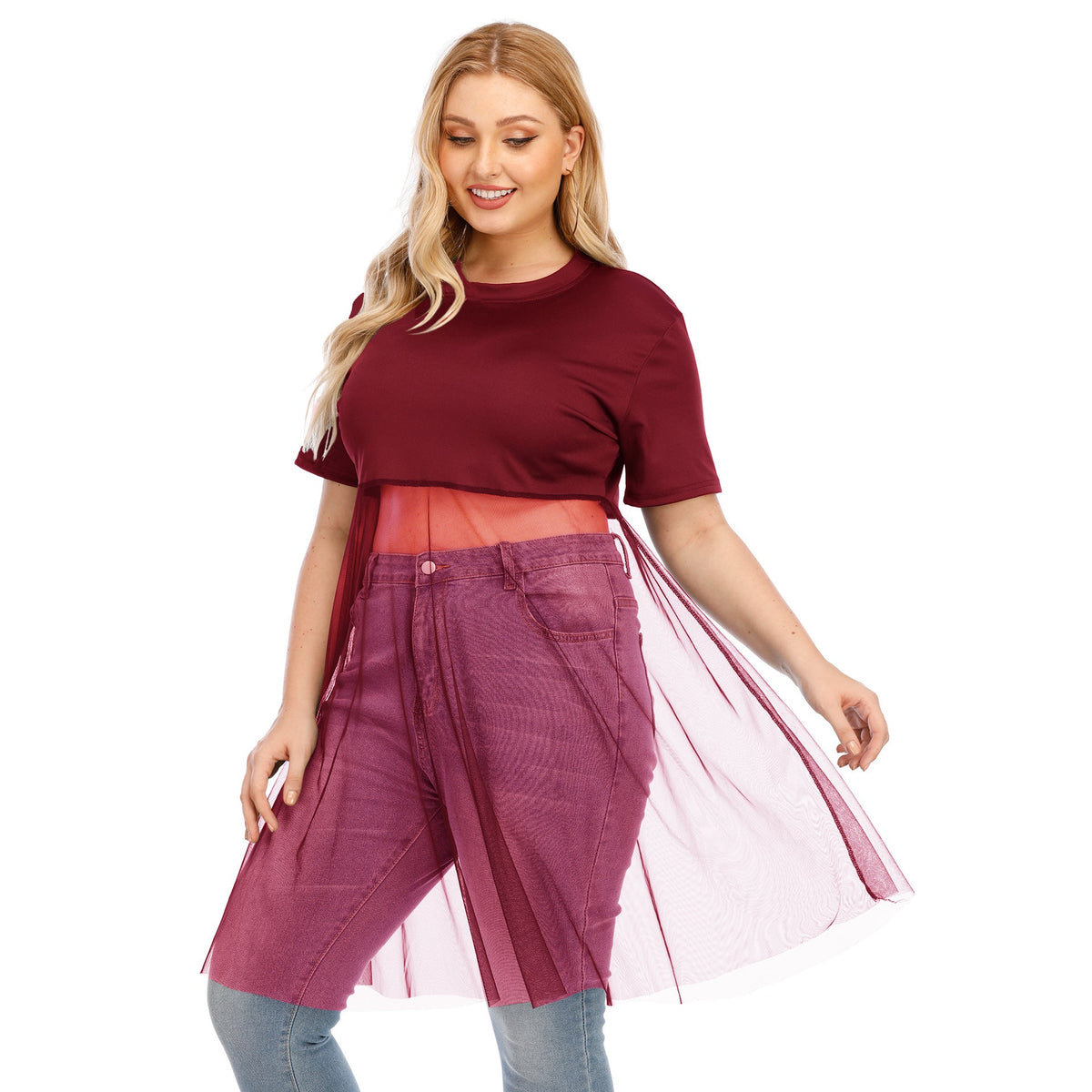 Women's Fashionable Mesh Top with Integrated Skirt