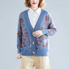 Women's Chunky Knit Cardigan with Leopard Print and Large Buttons