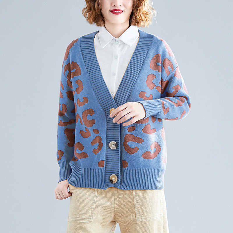 Women's Chunky Knit Cardigan with Leopard Print and Large Buttons