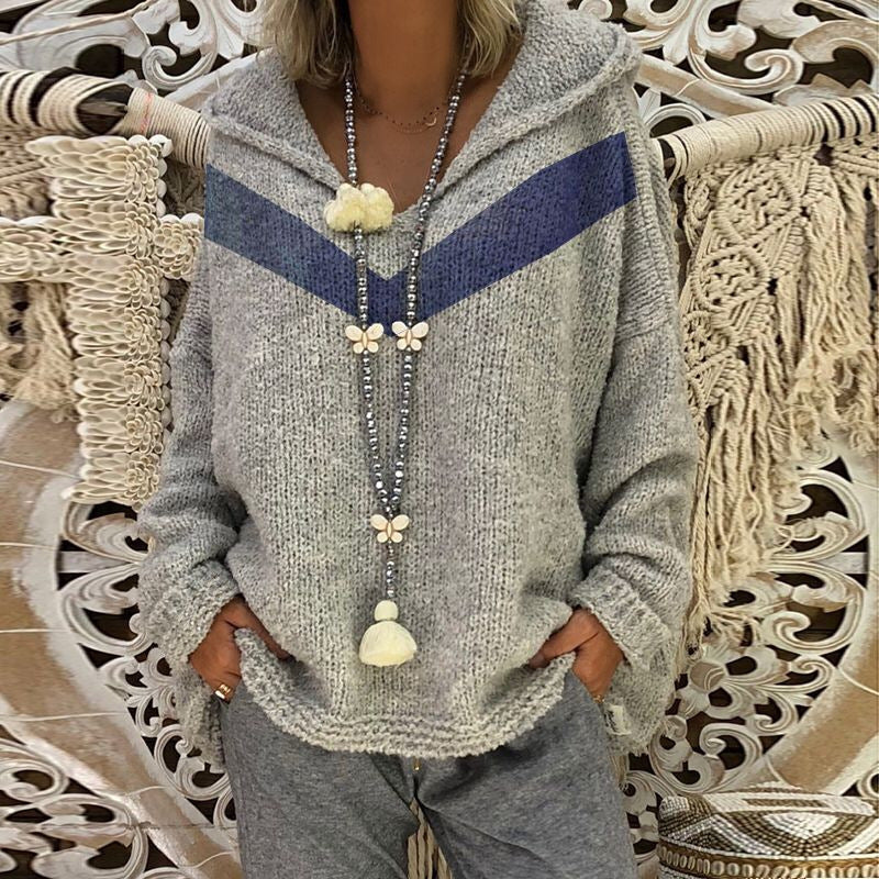 Women's Chunky Knit Sweater with Hood and Decorative Detail