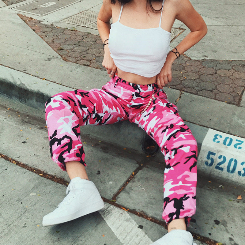 Women's Camouflage Cargo Pants with Elastic Waistband and Practical Pockets